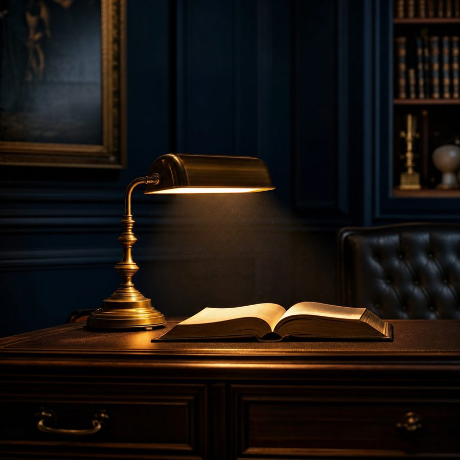 A single lamp illuminates an open book on a desk, light radiating outward into the dark