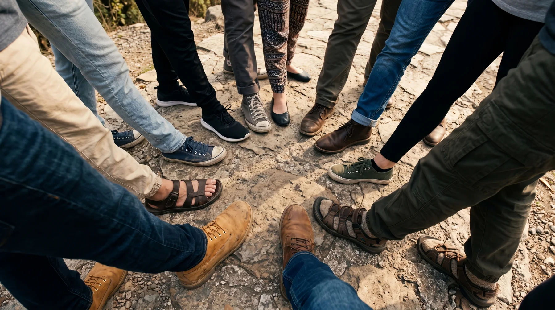 The feet of people standing together in a circle