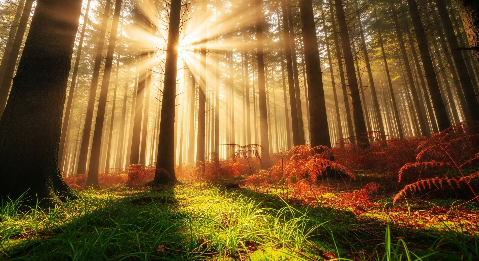 Golden sunlight streaming through a forest